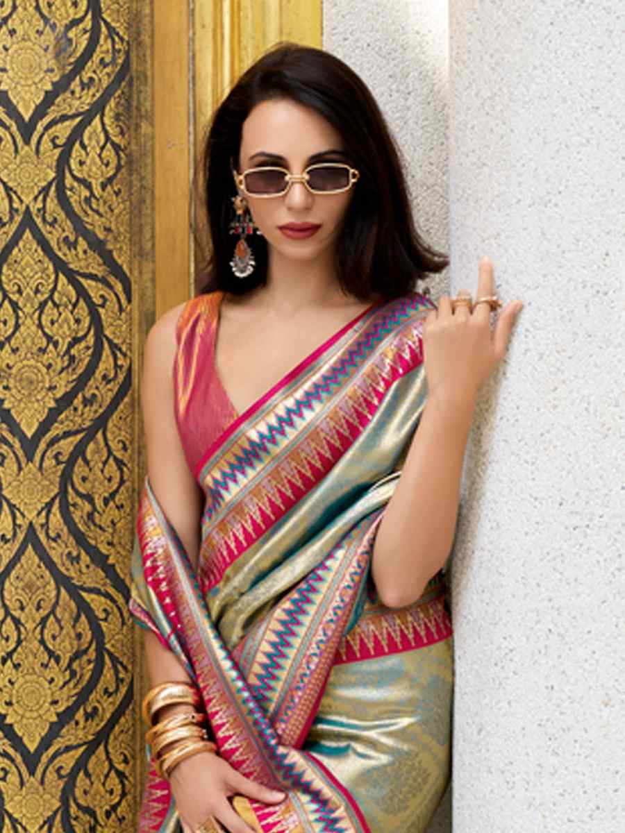 Light Pista Tissue Silk Handwoven Festival Wedding Heavy Border Saree