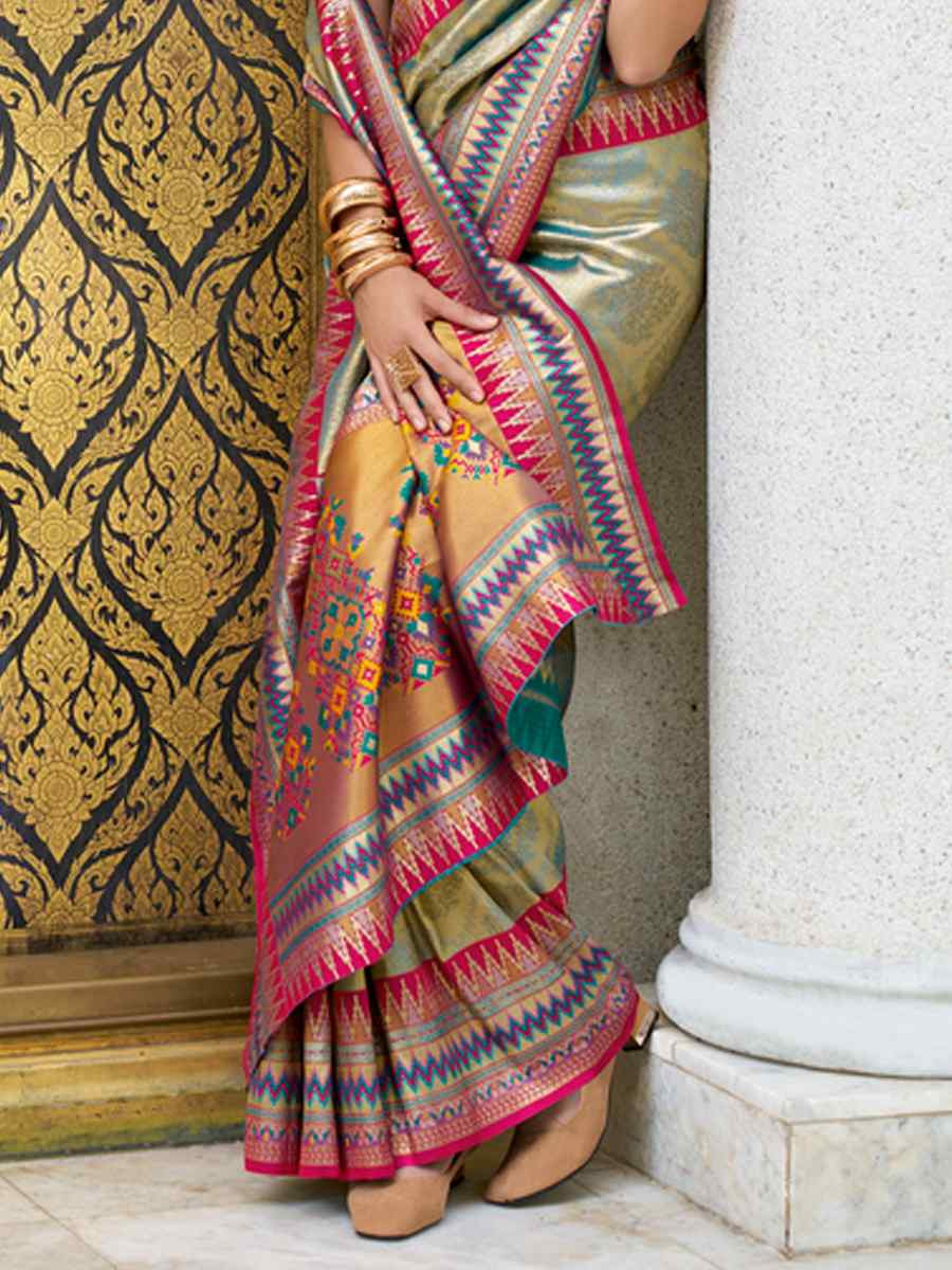 Light Pista Tissue Silk Handwoven Festival Wedding Heavy Border Saree