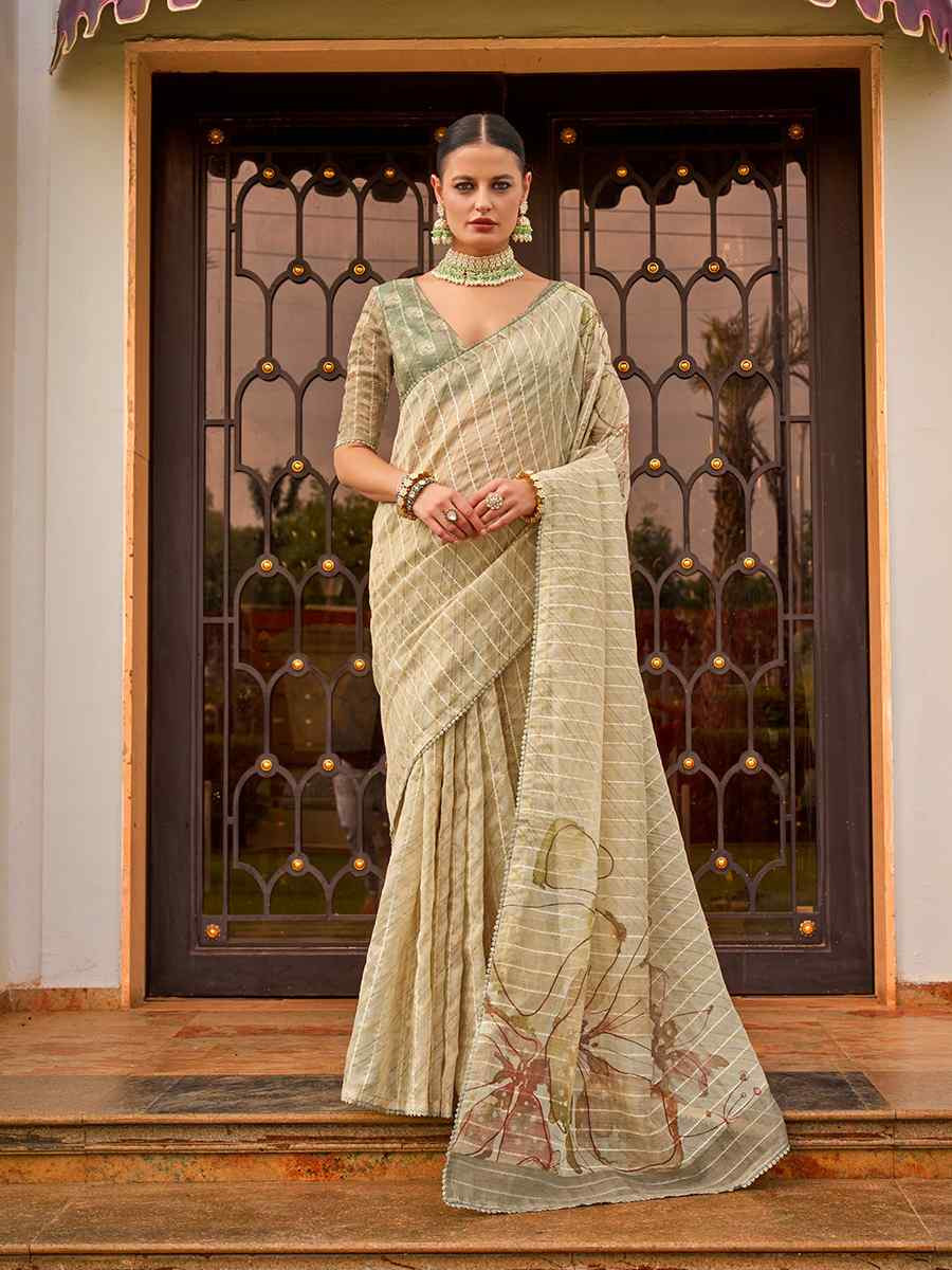 Light Pista Tissue Silk Printed Festival Casual Contemporary Saree