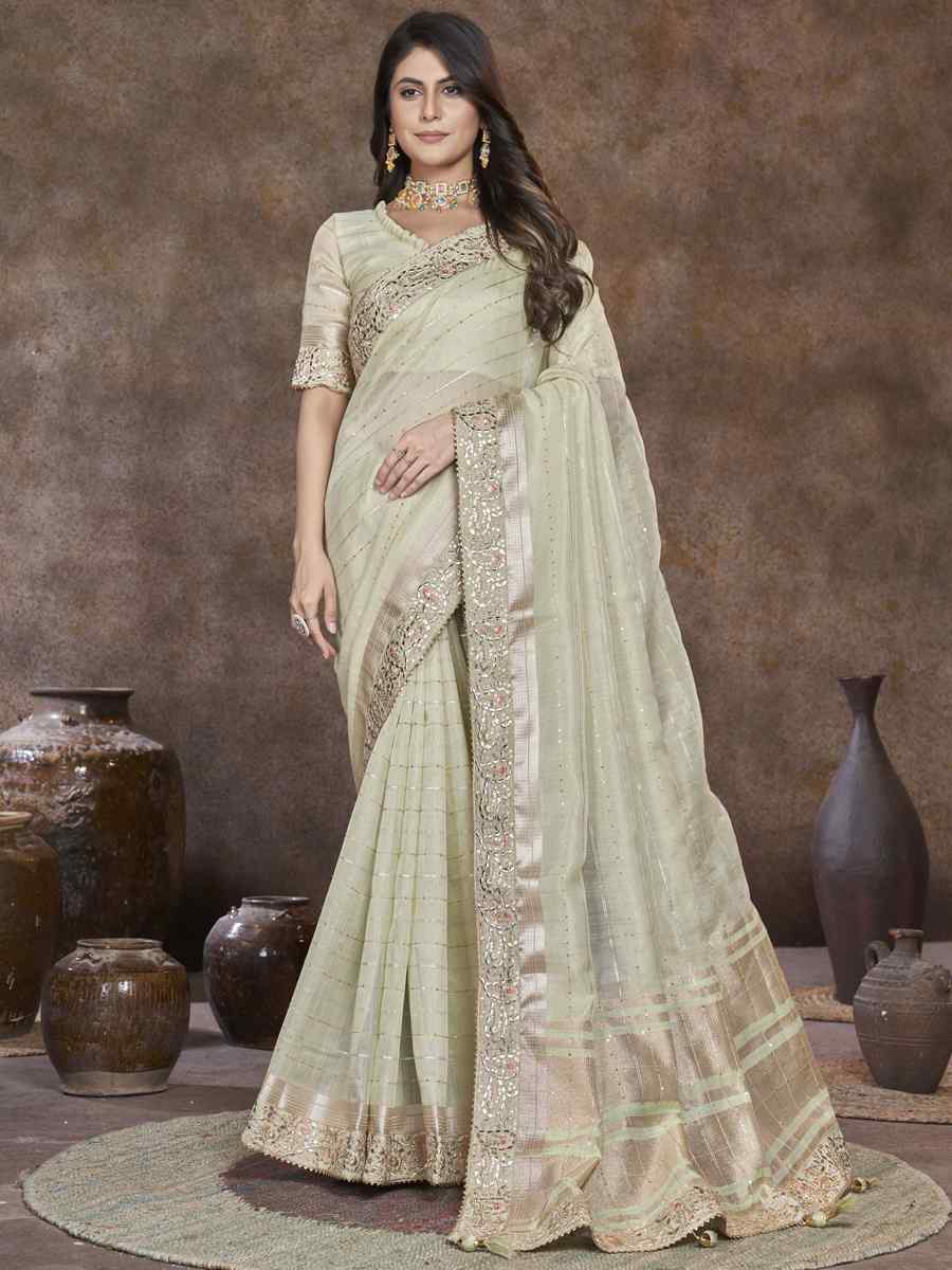 Light Pista Top Dyed Silk Embroidered Wedding Festival Heavy Border Saree