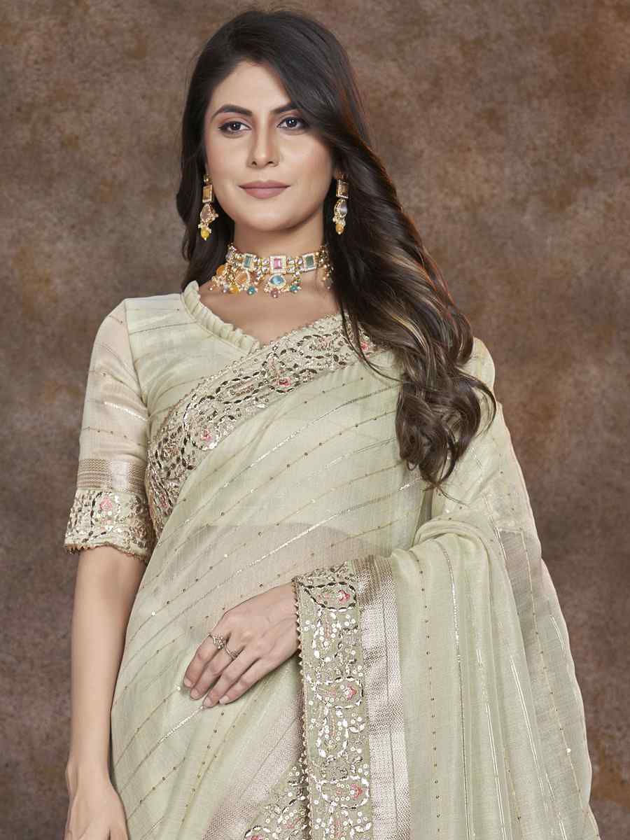 Light Pista Top Dyed Silk Embroidered Wedding Festival Heavy Border Saree