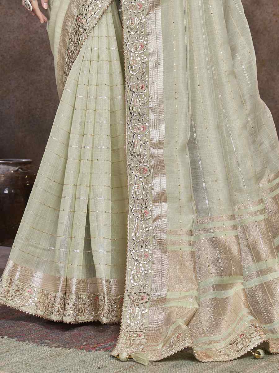 Light Pista Top Dyed Silk Embroidered Wedding Festival Heavy Border Saree