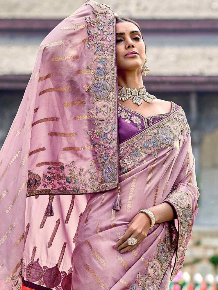 Light Lilac Purple Soft Linen Silk Saree with Lucknowi work