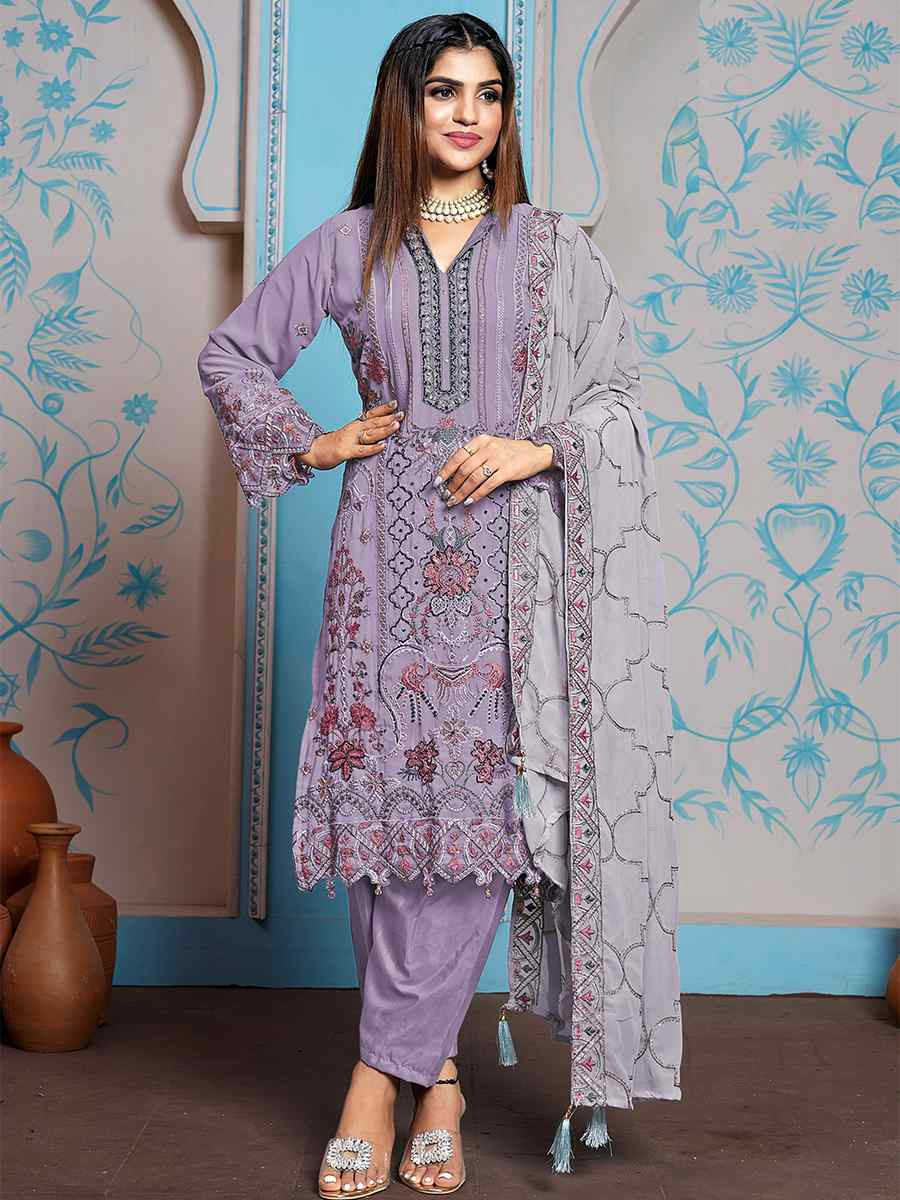 Light Purple Faux Georgette Embroidered Festival Casual Pant Salwar Kameez