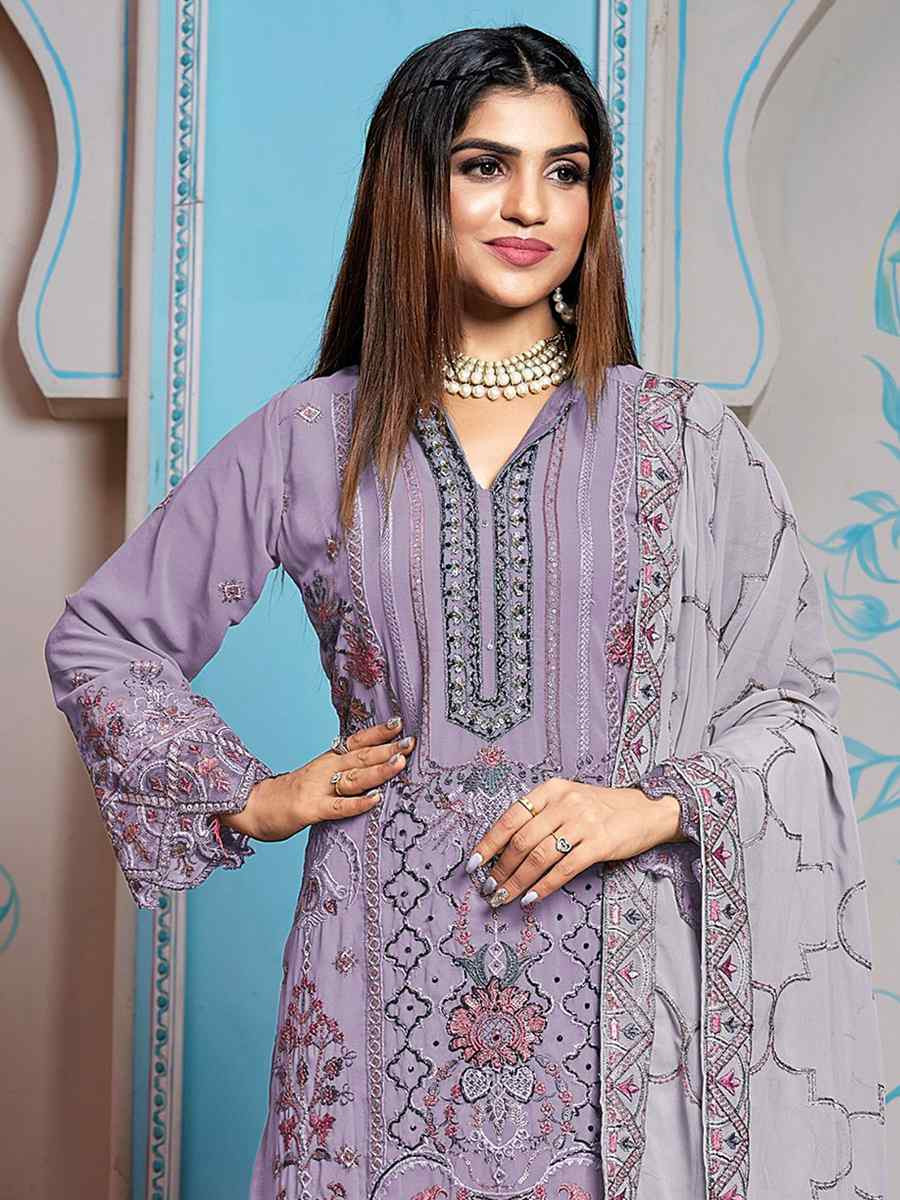 Light Purple Faux Georgette Embroidered Festival Casual Pant Salwar Kameez