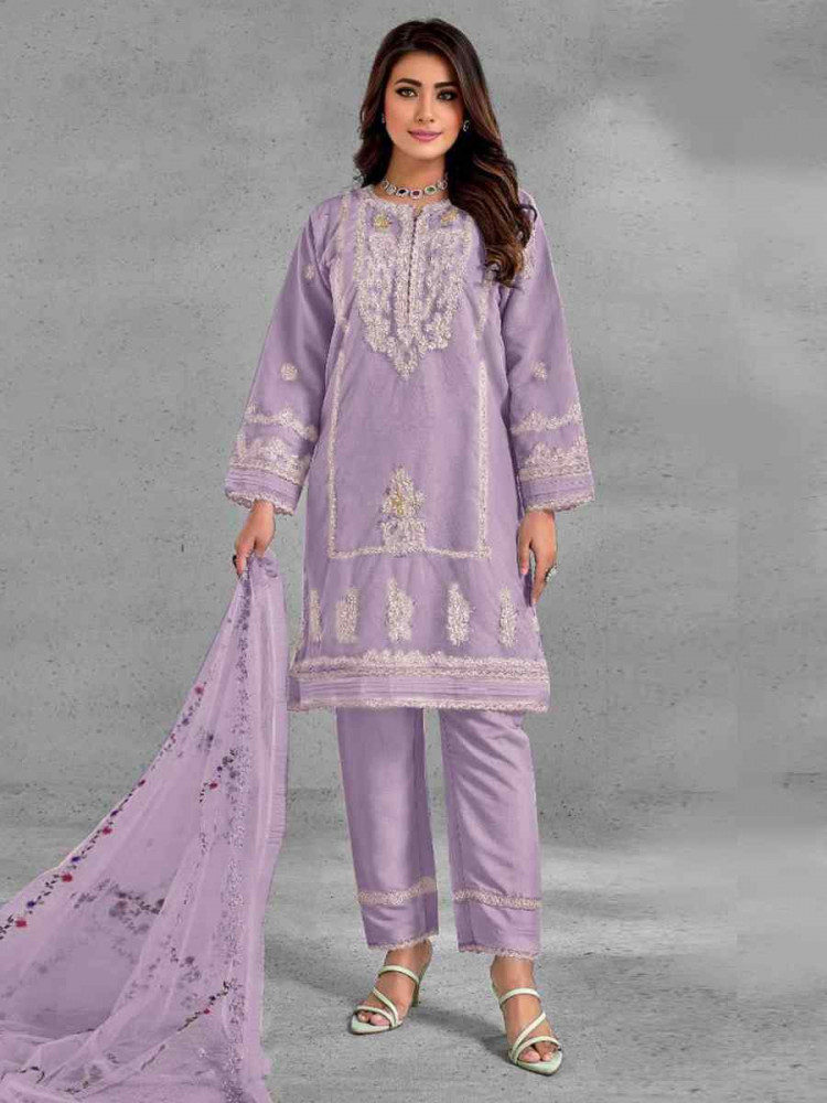 Light Purple Heavy Organza Embroidered Festival Casual Pant Salwar Kameez