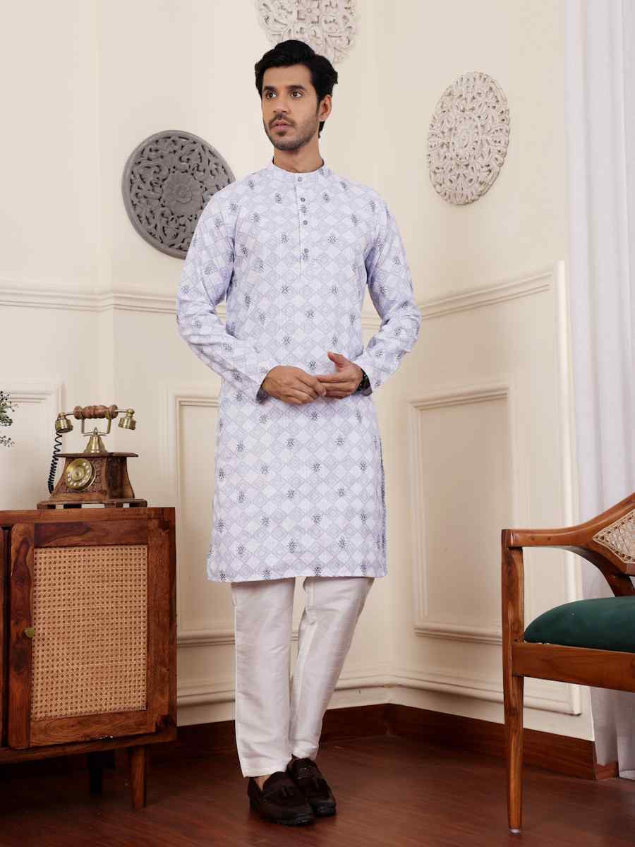 Light Purple Linen Embroidered Festival Casual Kurta