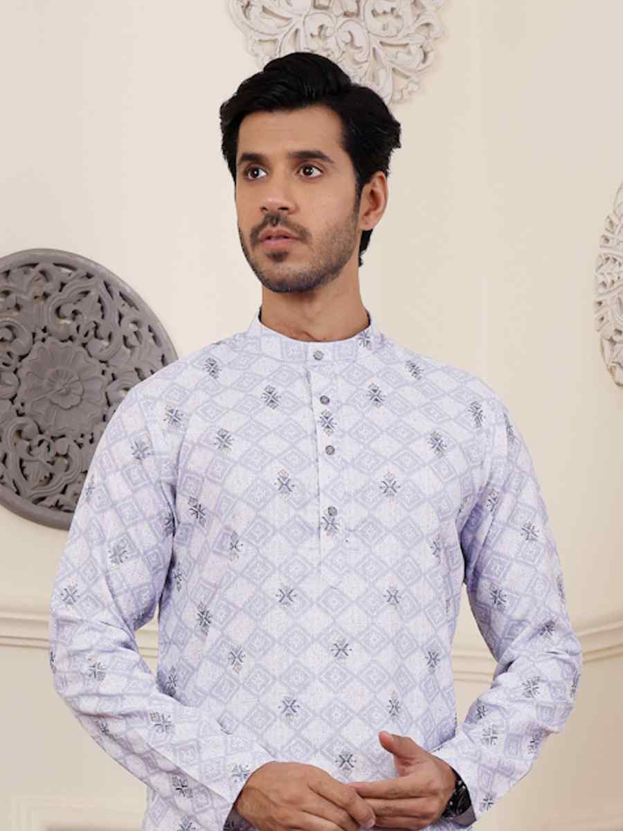 Light Purple Linen Embroidered Festival Casual Kurta