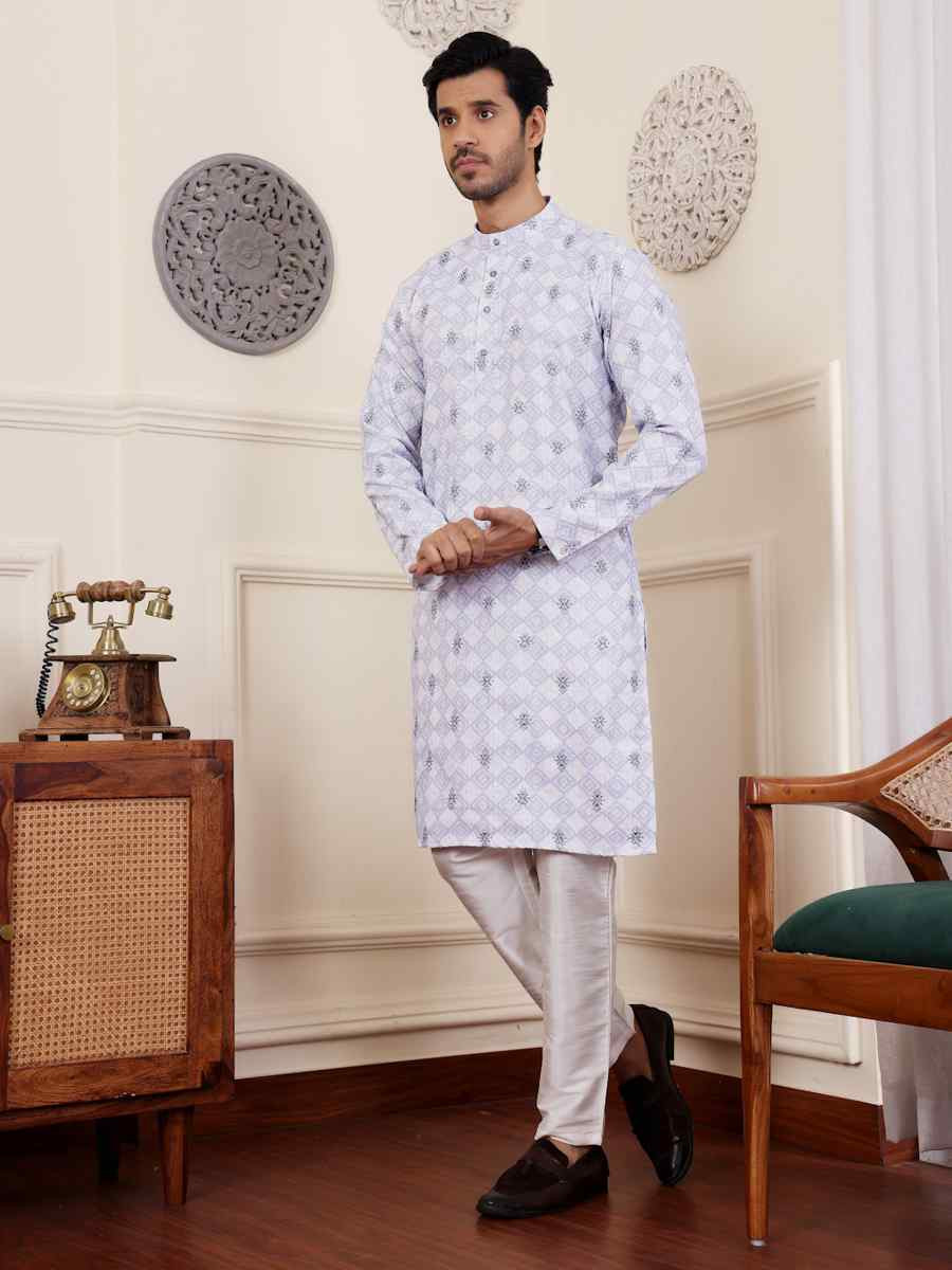 Light Purple Linen Embroidered Festival Casual Kurta