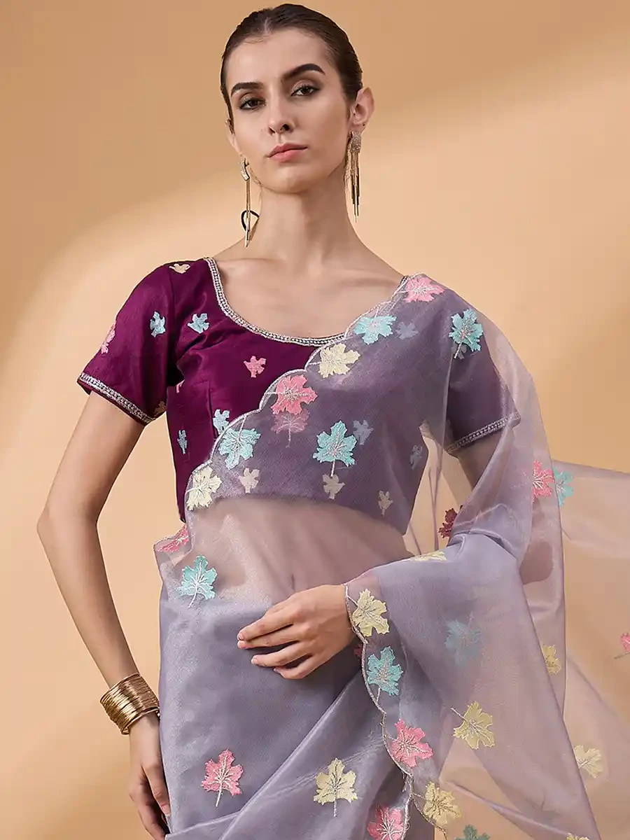 Light Purple Net Embroidered Festival Casual Classic Style Saree