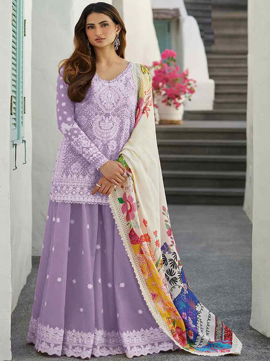 Light Purple Rayon Cotton Embroidered Festival Casual Sharara Pant Salwar Kameez