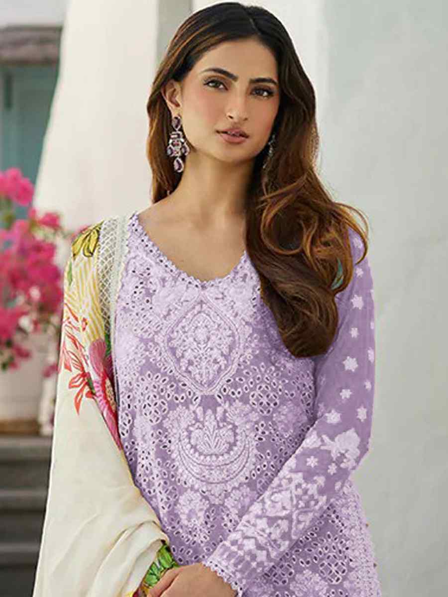 Light Purple Rayon Cotton Embroidered Festival Casual Sharara Pant Salwar Kameez