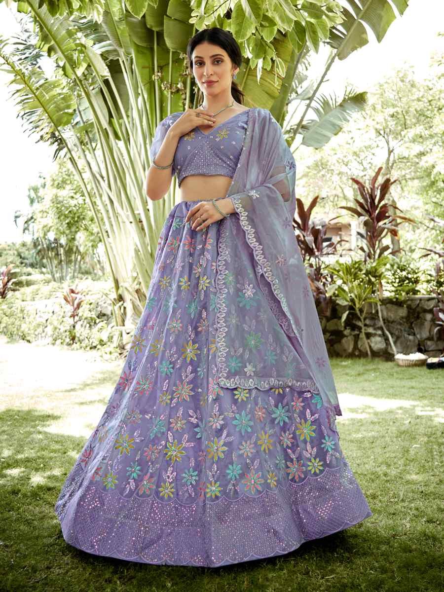 Light Purple Silk Net Embroidered Wedding Party Wear Heavy Border Lehenga Choli