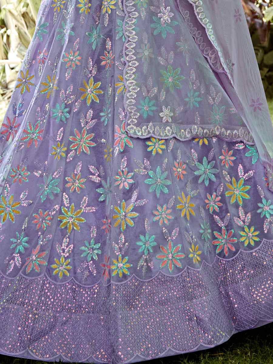 Light Purple Silk Net Embroidered Wedding Party Wear Heavy Border Lehenga Choli