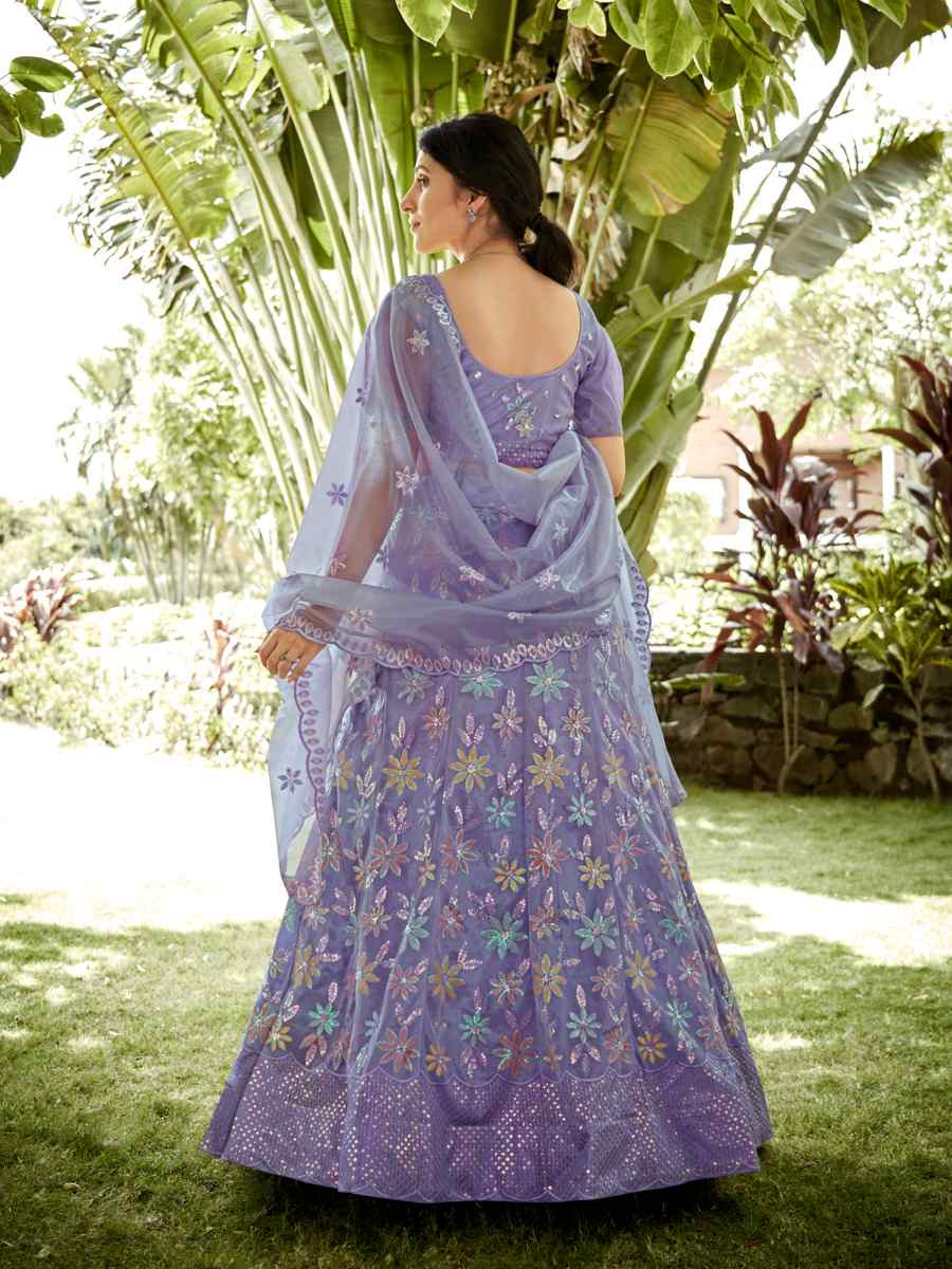 Light Purple Silk Net Embroidered Wedding Party Wear Heavy Border Lehenga Choli