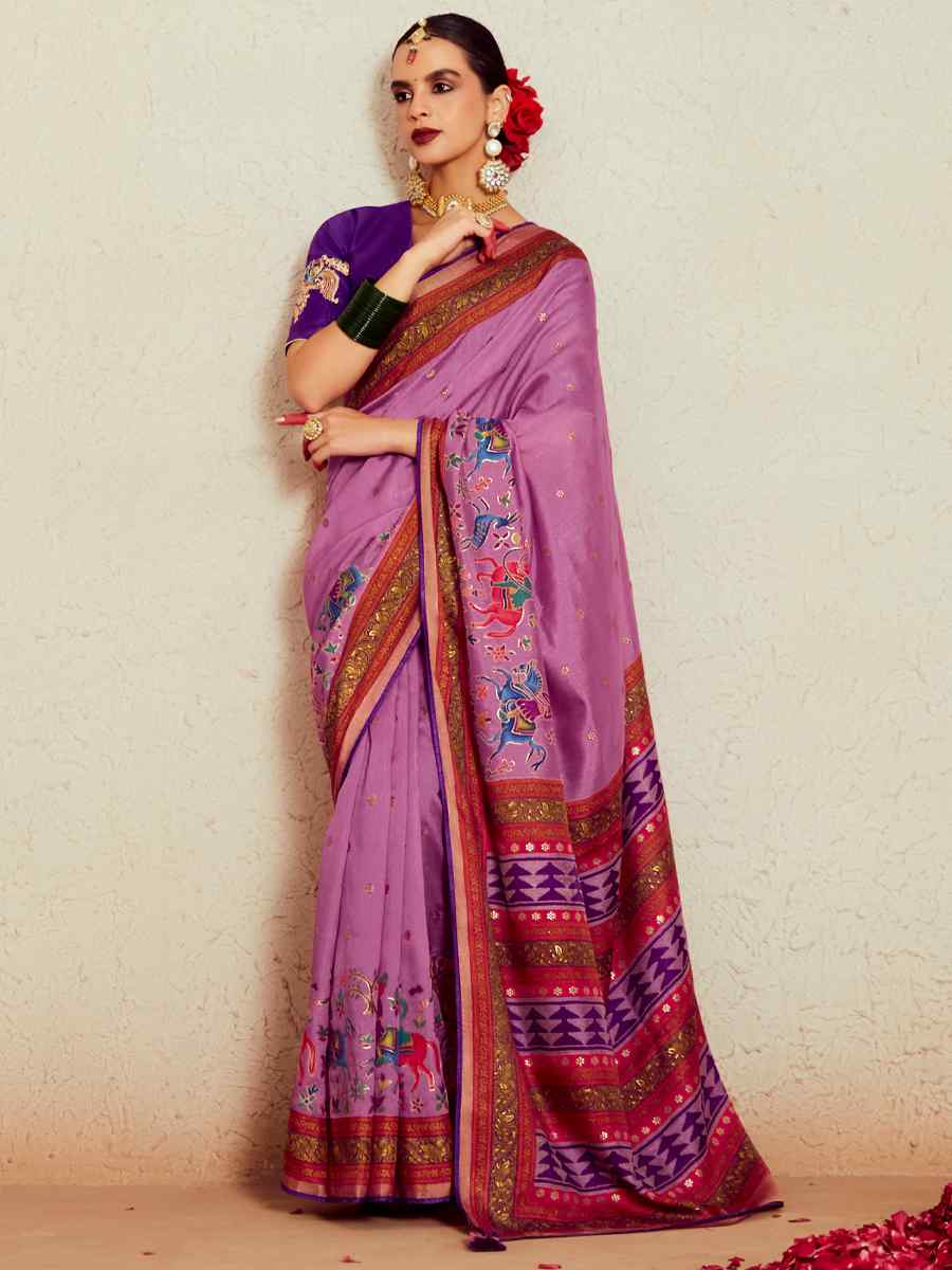 Light Purple Soft Brasso Embroidered Festival Wedding Heavy Border Saree