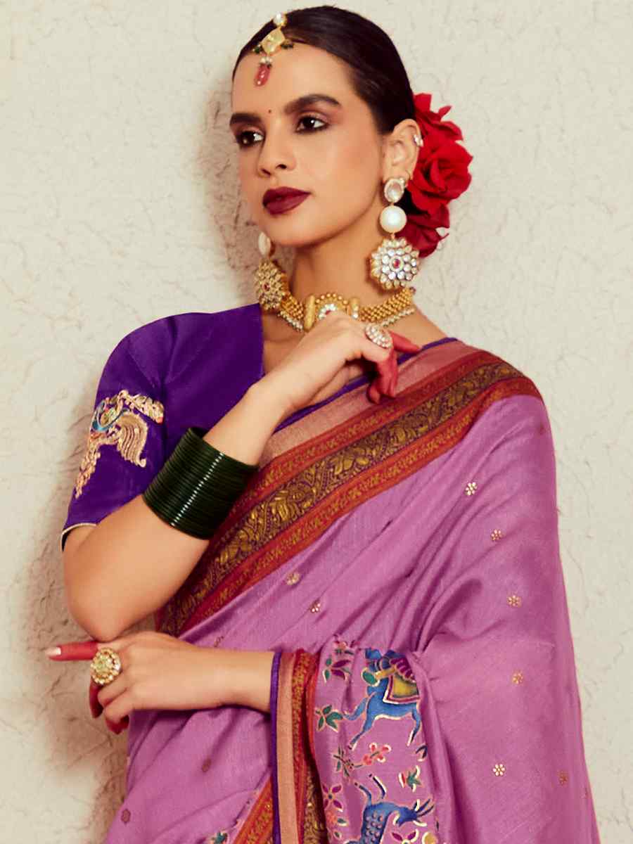 Light Purple Soft Brasso Embroidered Festival Wedding Heavy Border Saree