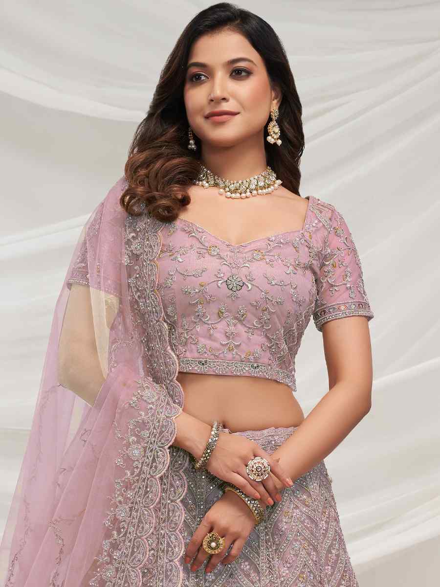 Light Purple Soft Net Embroidered Bridesmaid Wedding Heavy Border Lehenga Choli