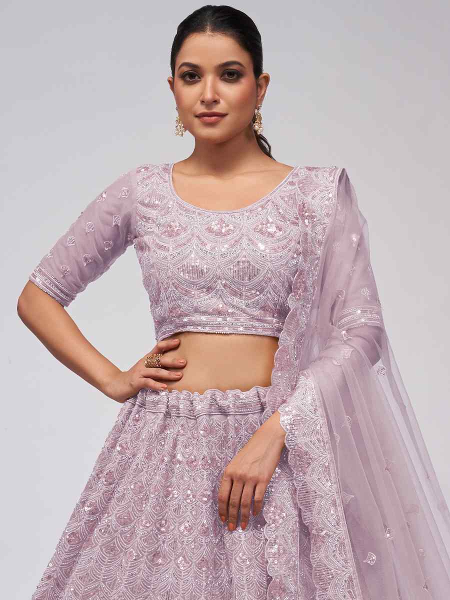 Light Purple Soft Net Embroidered Bridesmaid Wedding Heavy Border Lehenga Choli