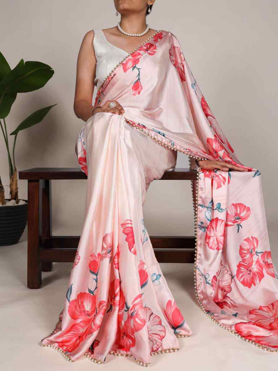 Light Red Satin Silk Printed Festival Casual Contemporary Saree