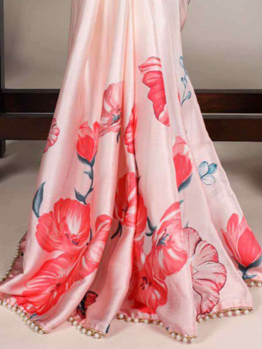 Light Red Satin Silk Printed Festival Casual Contemporary Saree