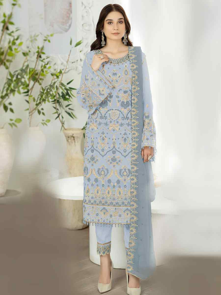 Light Sky Blue Heavy Faux Georgette Embroidered Festival Wedding Pant Salwar Kameez