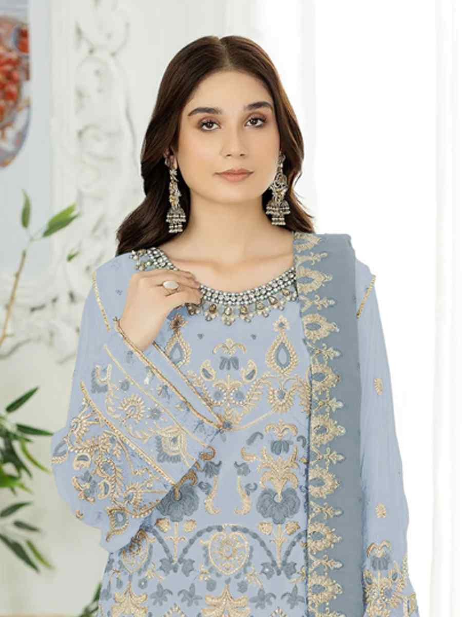 Light Sky Blue Heavy Faux Georgette Embroidered Festival Wedding Pant Salwar Kameez