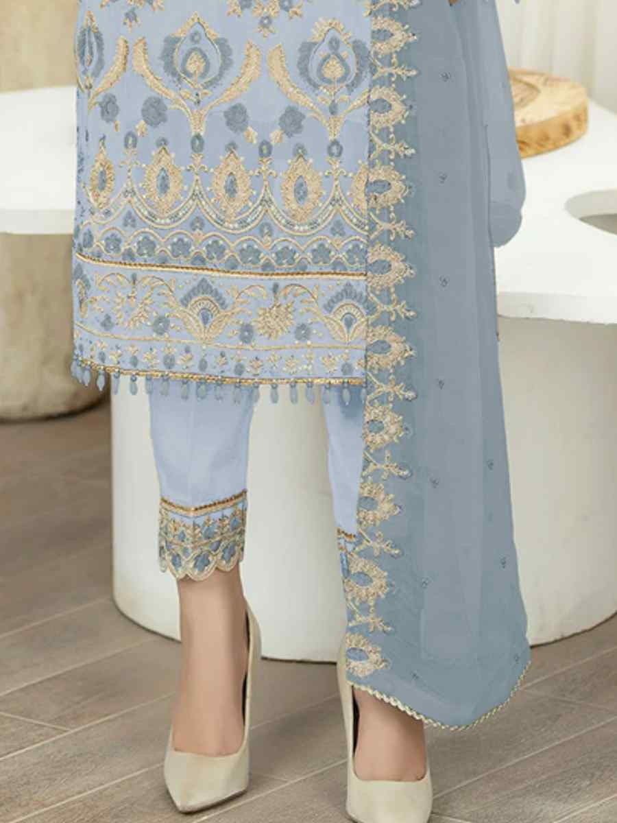 Light Sky Blue Heavy Faux Georgette Embroidered Festival Wedding Pant Salwar Kameez