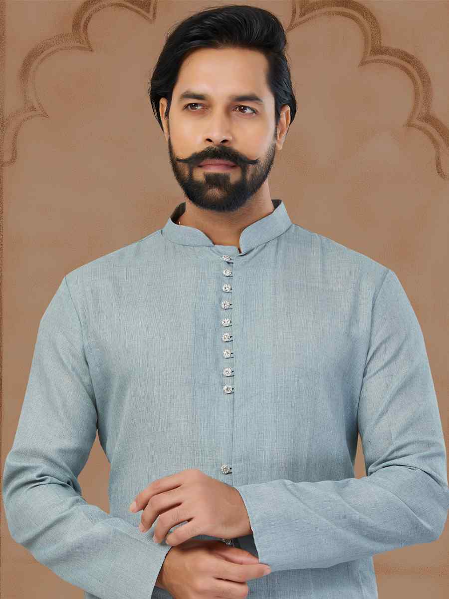 Light Sky Blue Linen Cotton Printed Festival Kurta