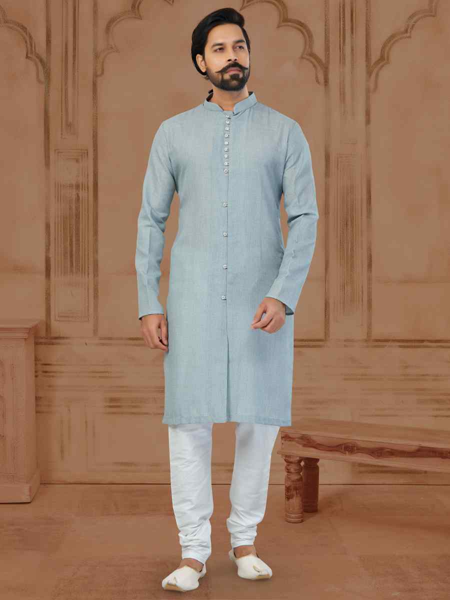 Light Sky Blue Linen Cotton Printed Festival Kurta