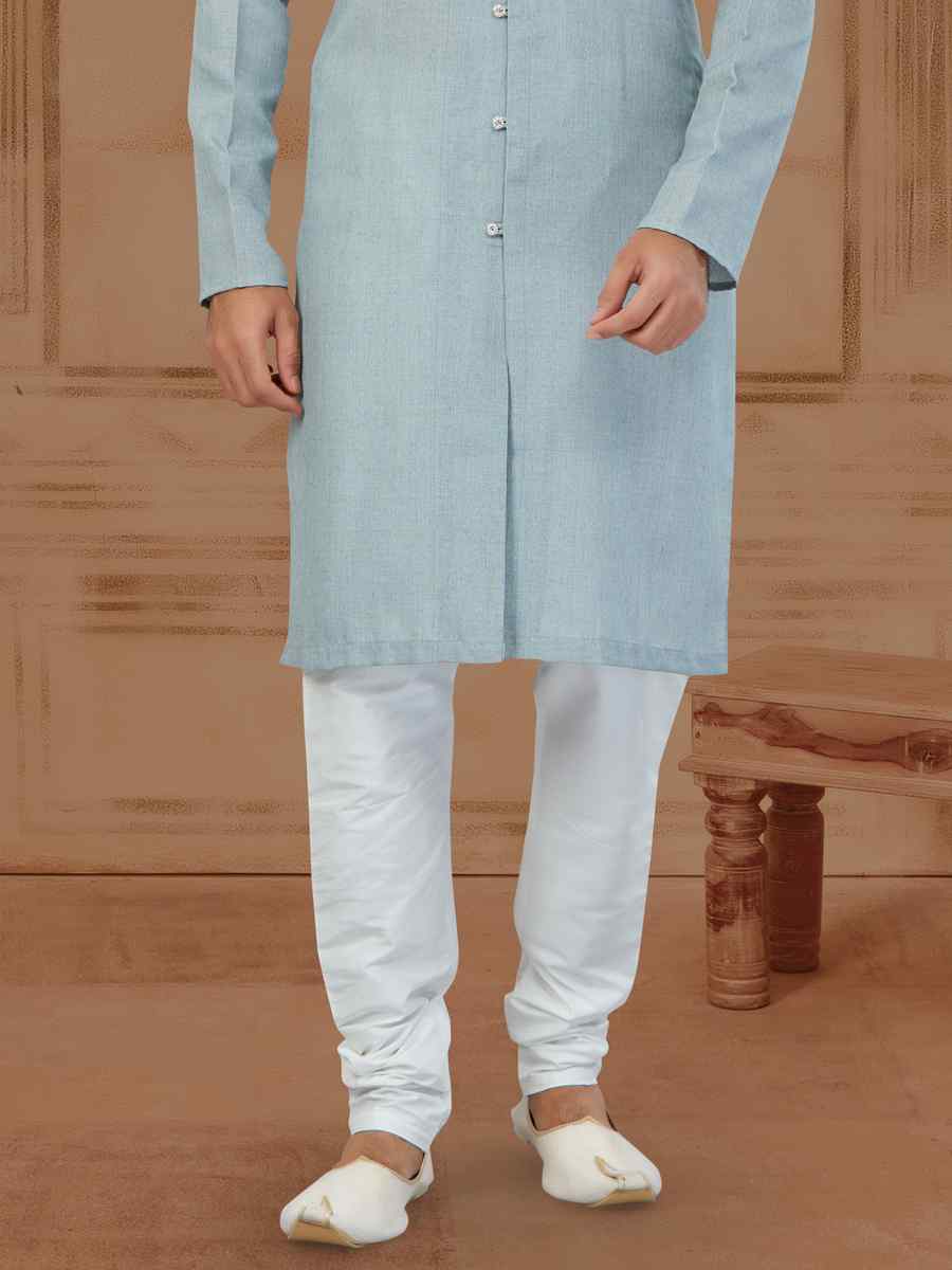 Light Sky Blue Linen Cotton Printed Festival Kurta