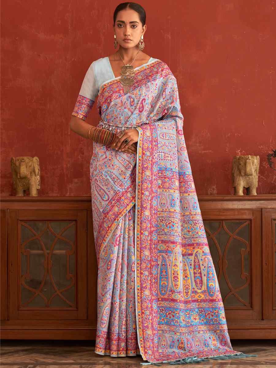 Light Sky Blue Pasmin Silk Handwoven Wedding Festival Heavy Border Saree