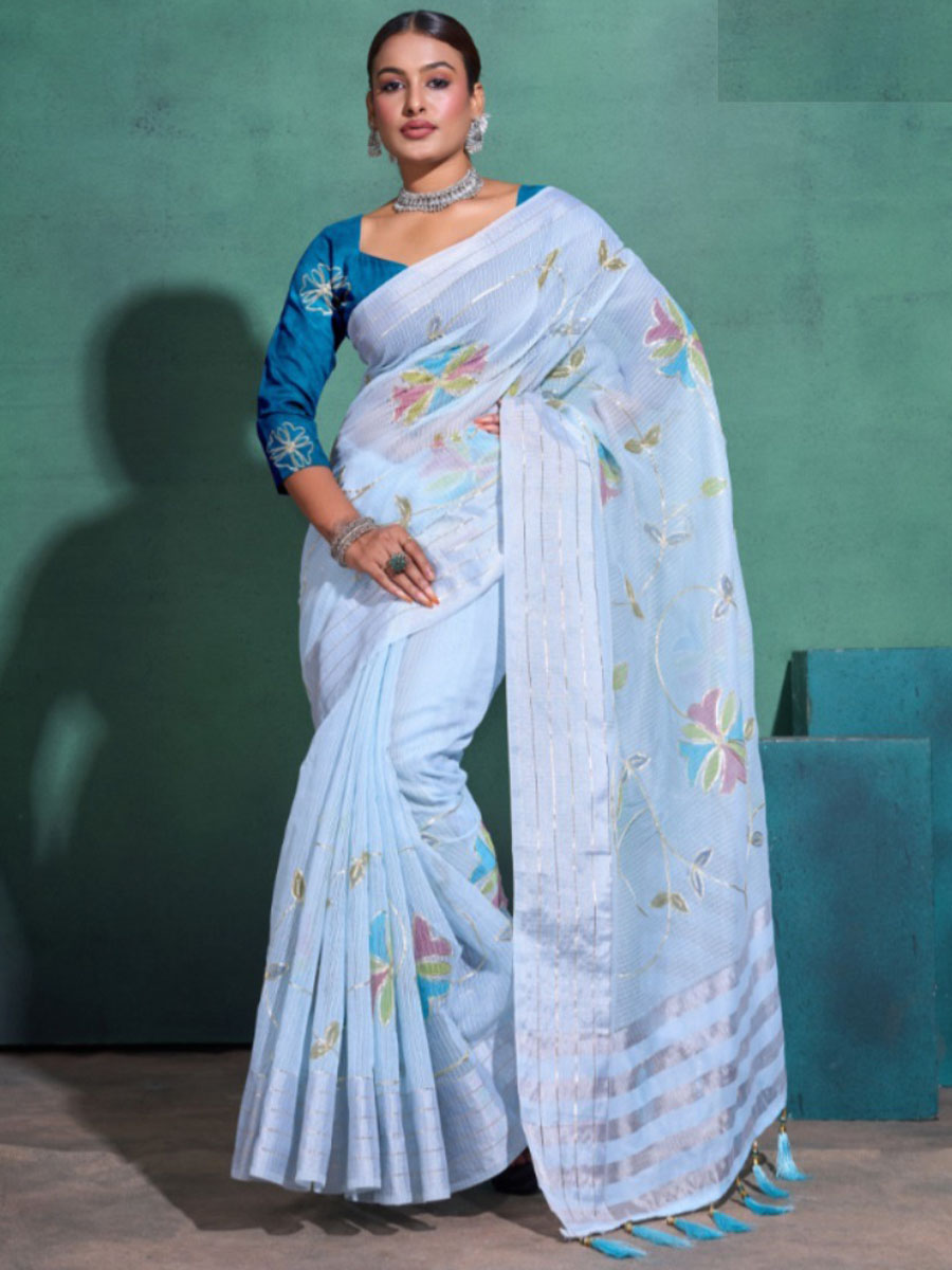 Light Sky Linen Blend Handwoven Festival Wedding Heavy Border Saree