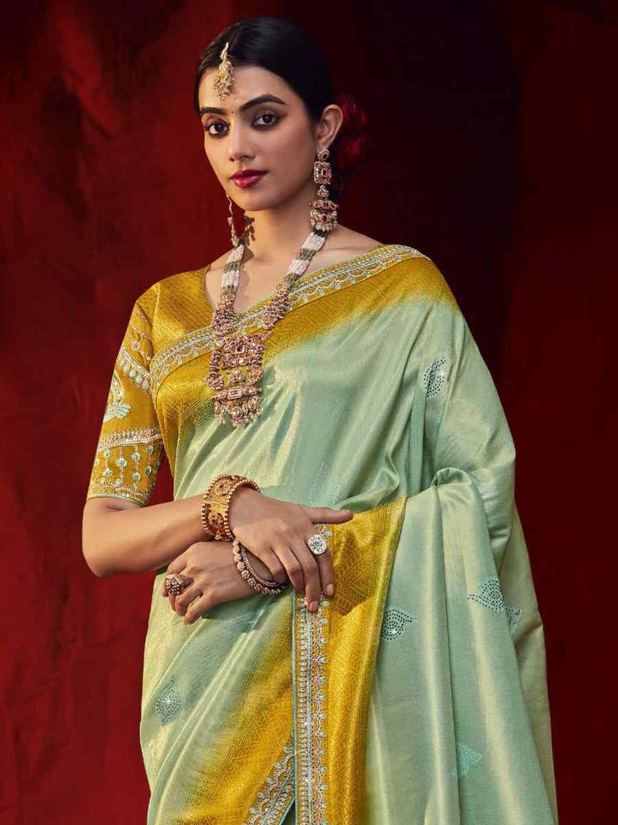 Light Sky Silk Embroidered Reception Wedding Heavy Border Saree