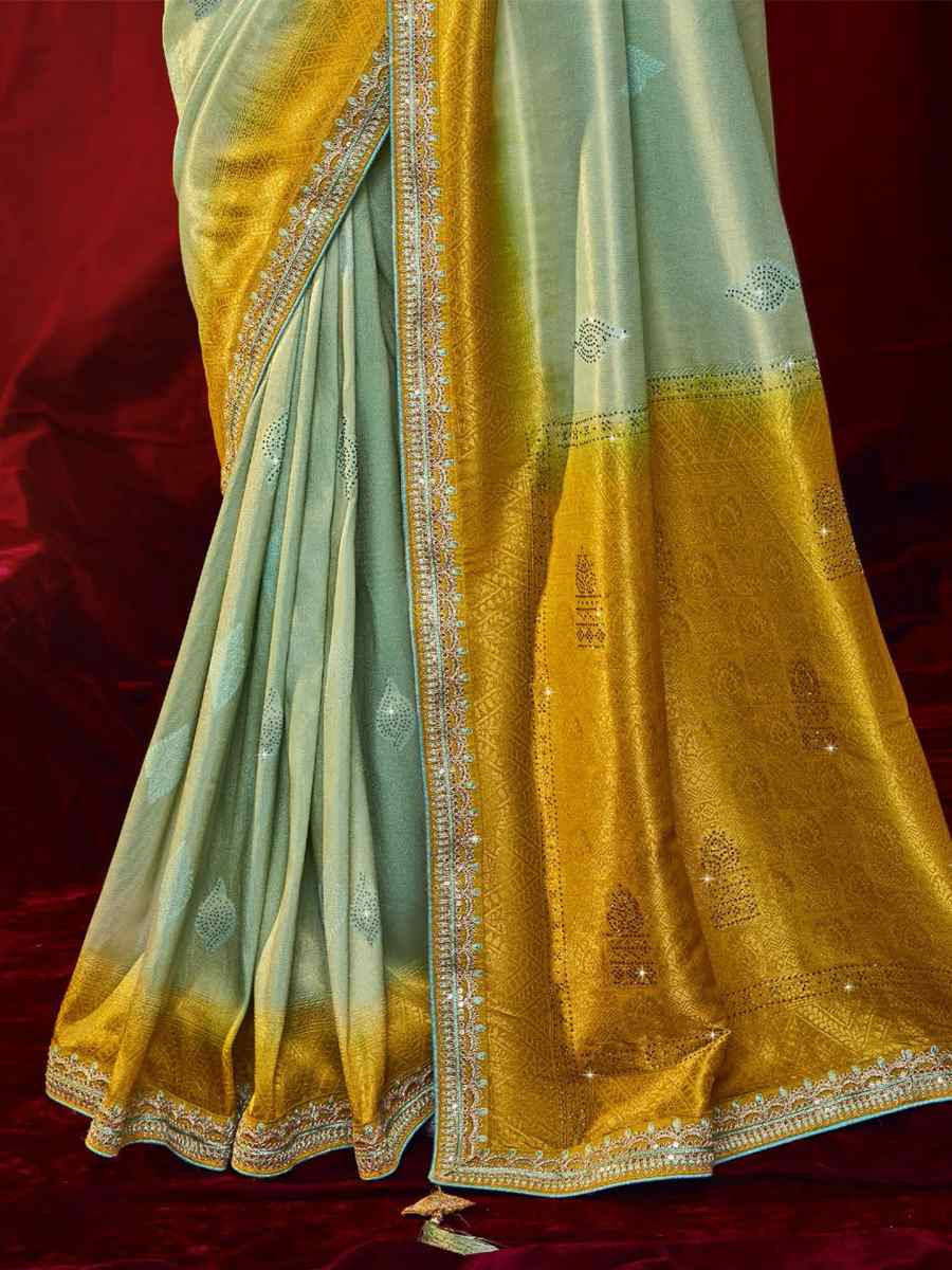 Light Sky Silk Embroidered Reception Wedding Heavy Border Saree