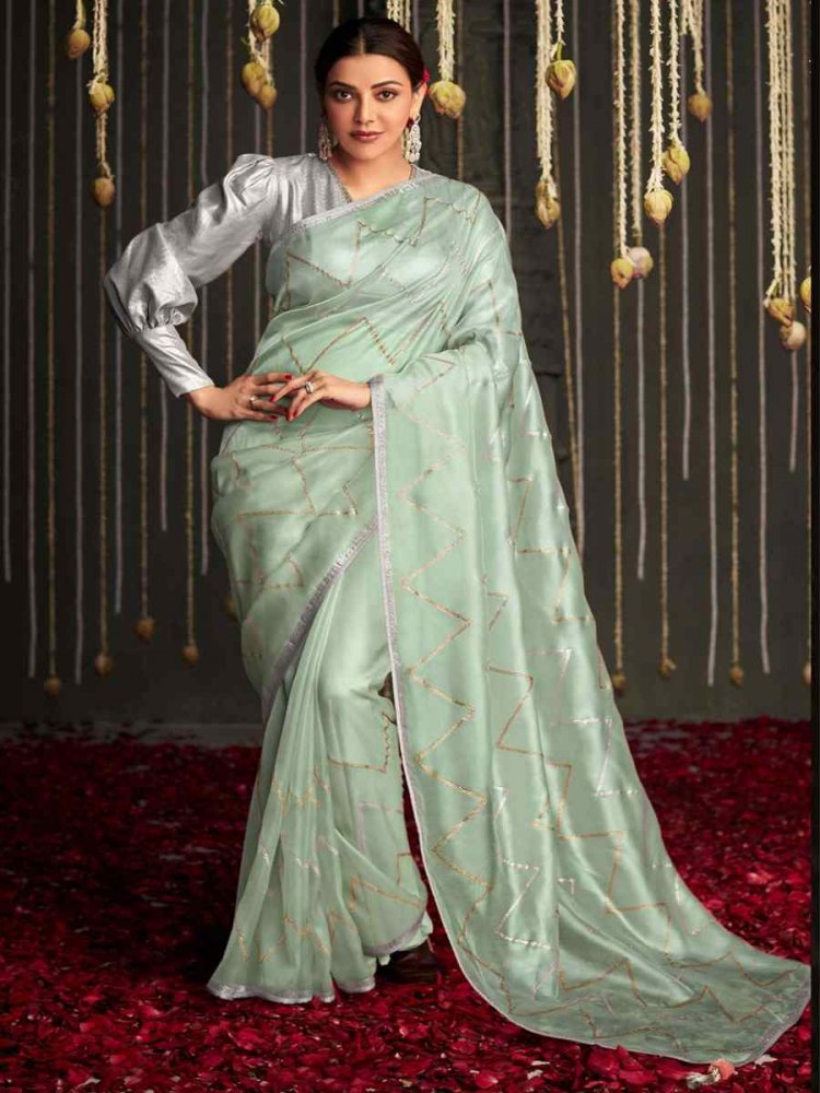 Light Teal Blue Organza Tissue Handwoven Party Festival Classic Style Saree