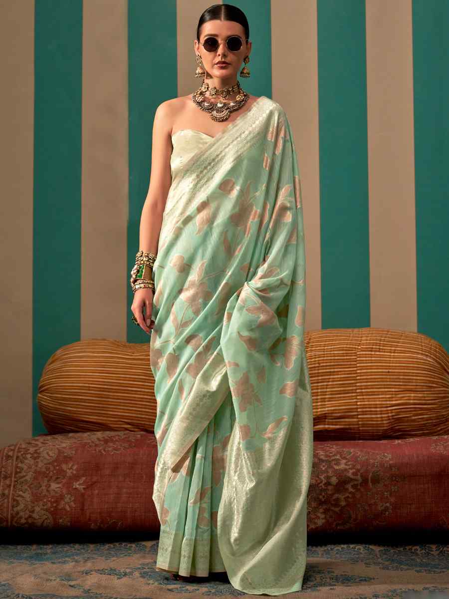 Light Teal Green Handloom Linen Handwoven Festival Casual Heavy Border Saree