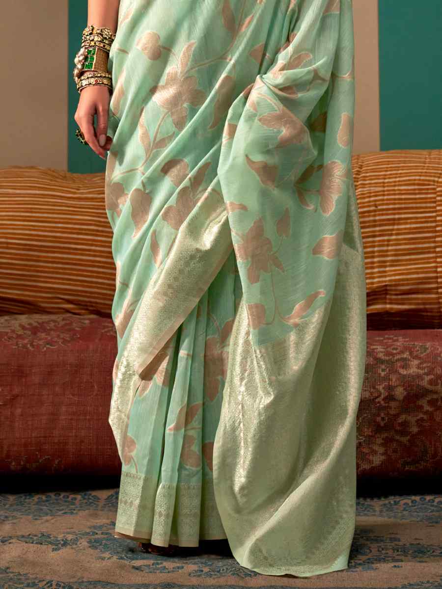 Light Teal Green Handloom Linen Handwoven Festival Casual Heavy Border Saree