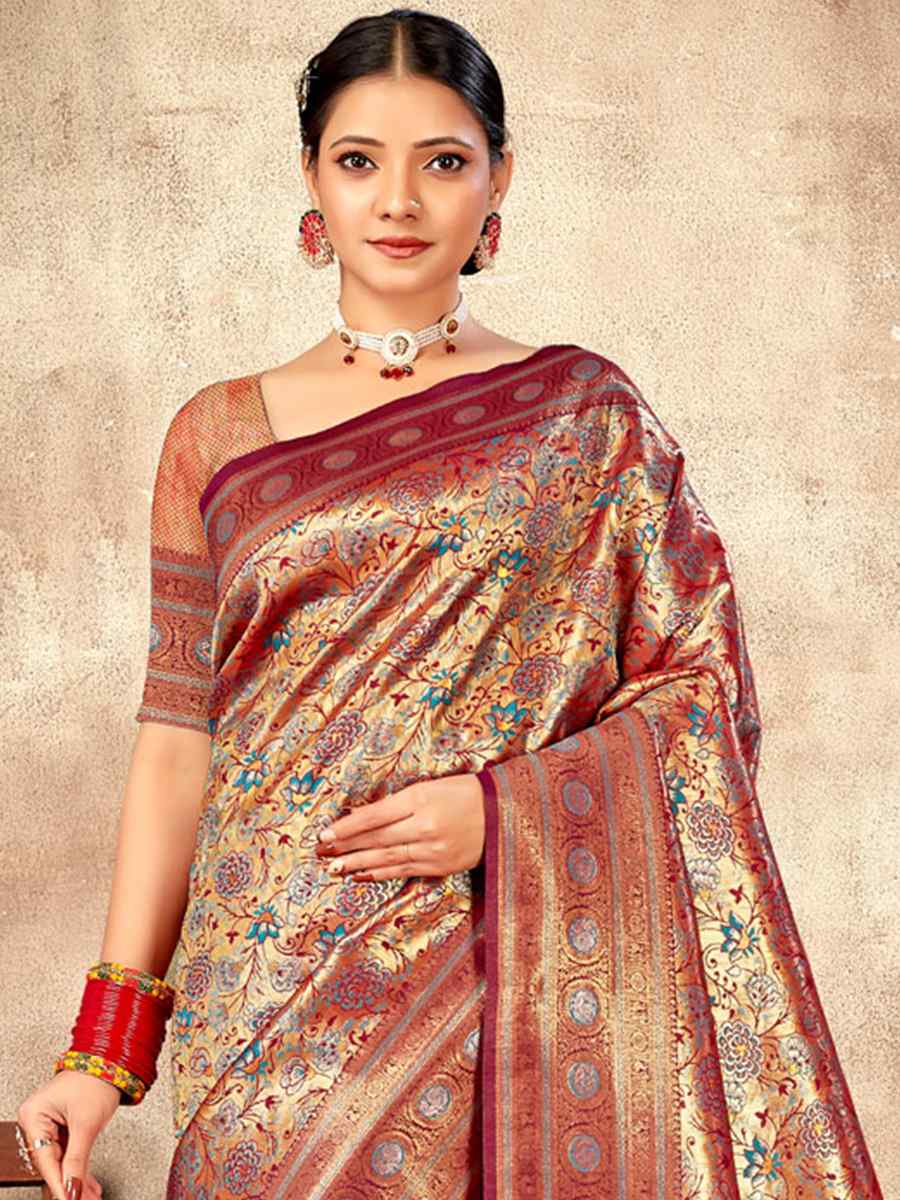 Light Wine Gold Banarasi Silk Handwoven Wedding Festival Heavy Border Saree