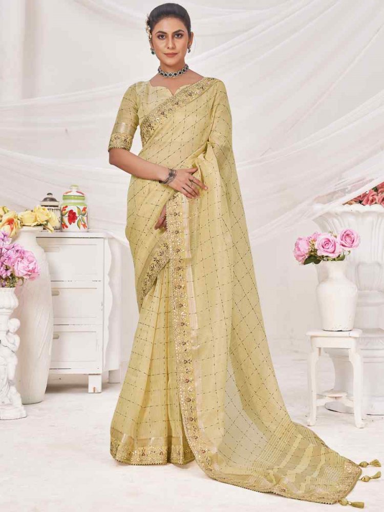 Light Yellow Banarasi Zari Silk Embroidered Wedding Festival Heavy Border Saree