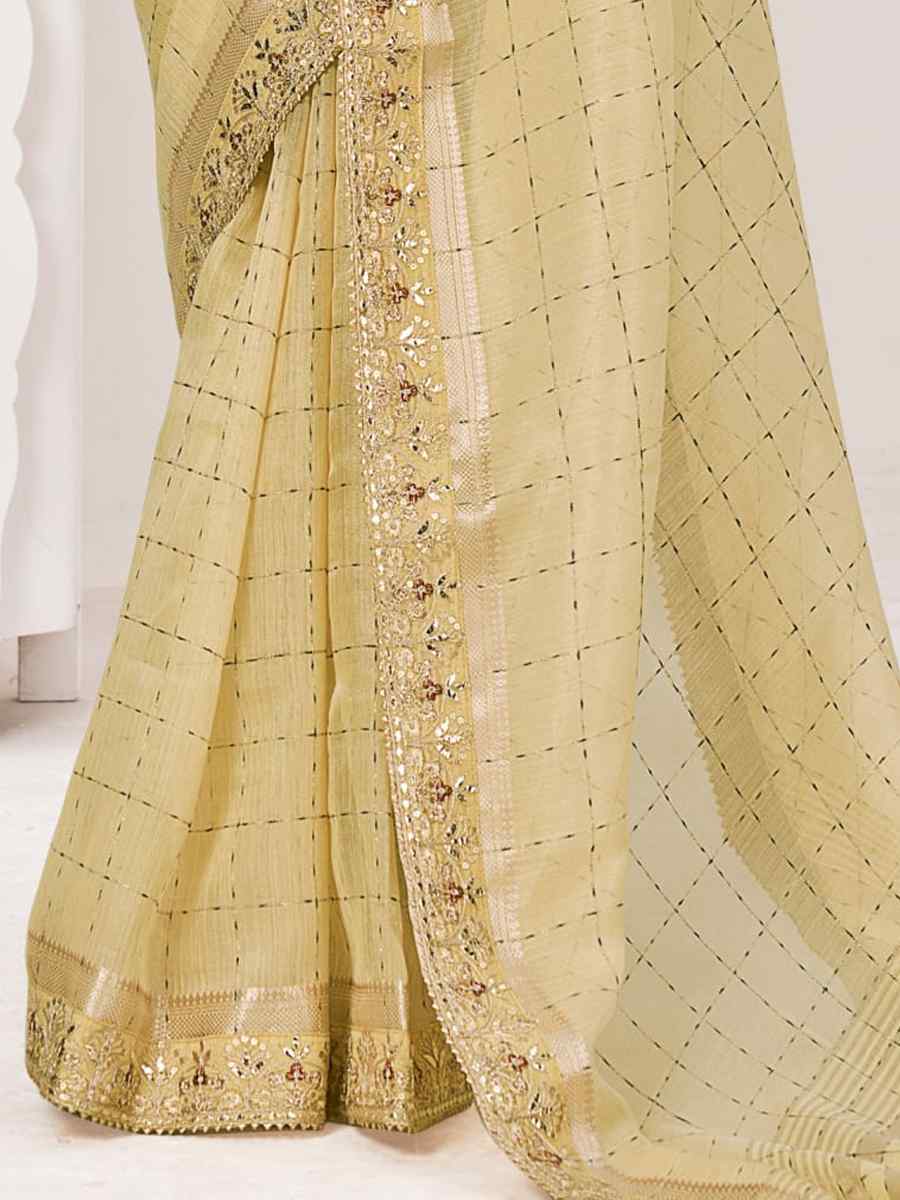 Light Yellow Banarasi Zari Silk Embroidered Wedding Festival Heavy Border Saree