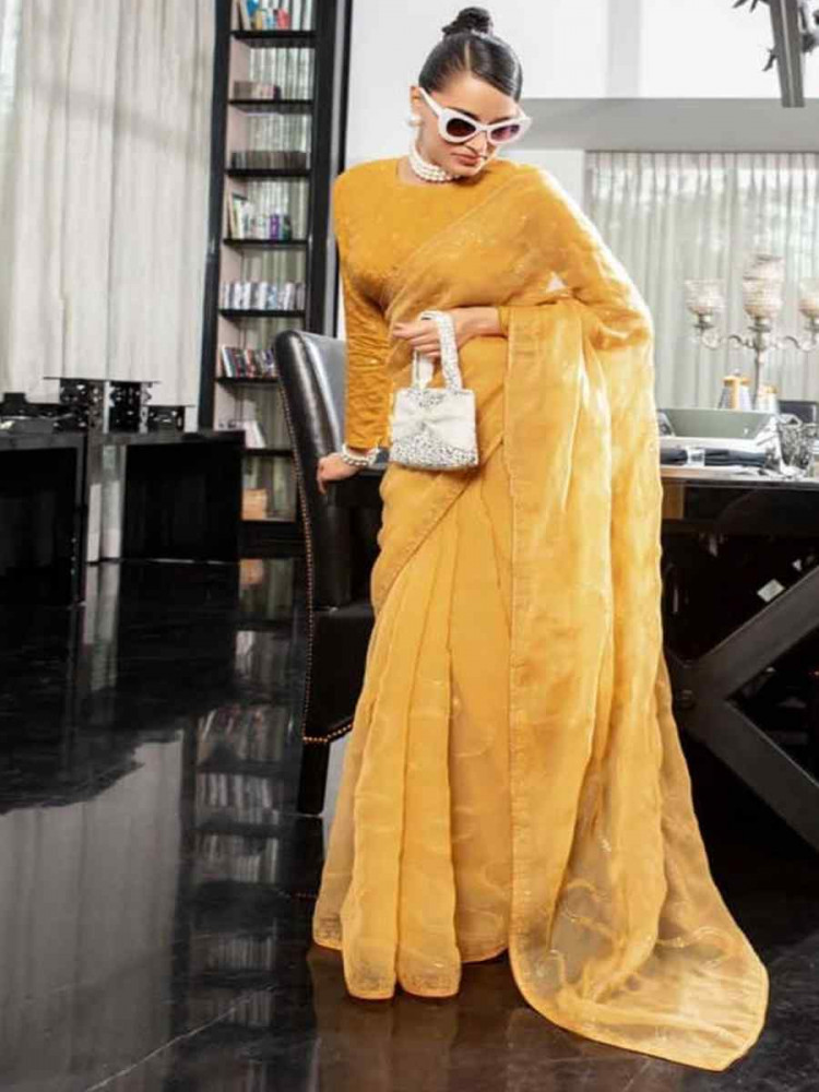 Light Yellow Chiffon Embroidered Festival Wedding Classic Style Saree