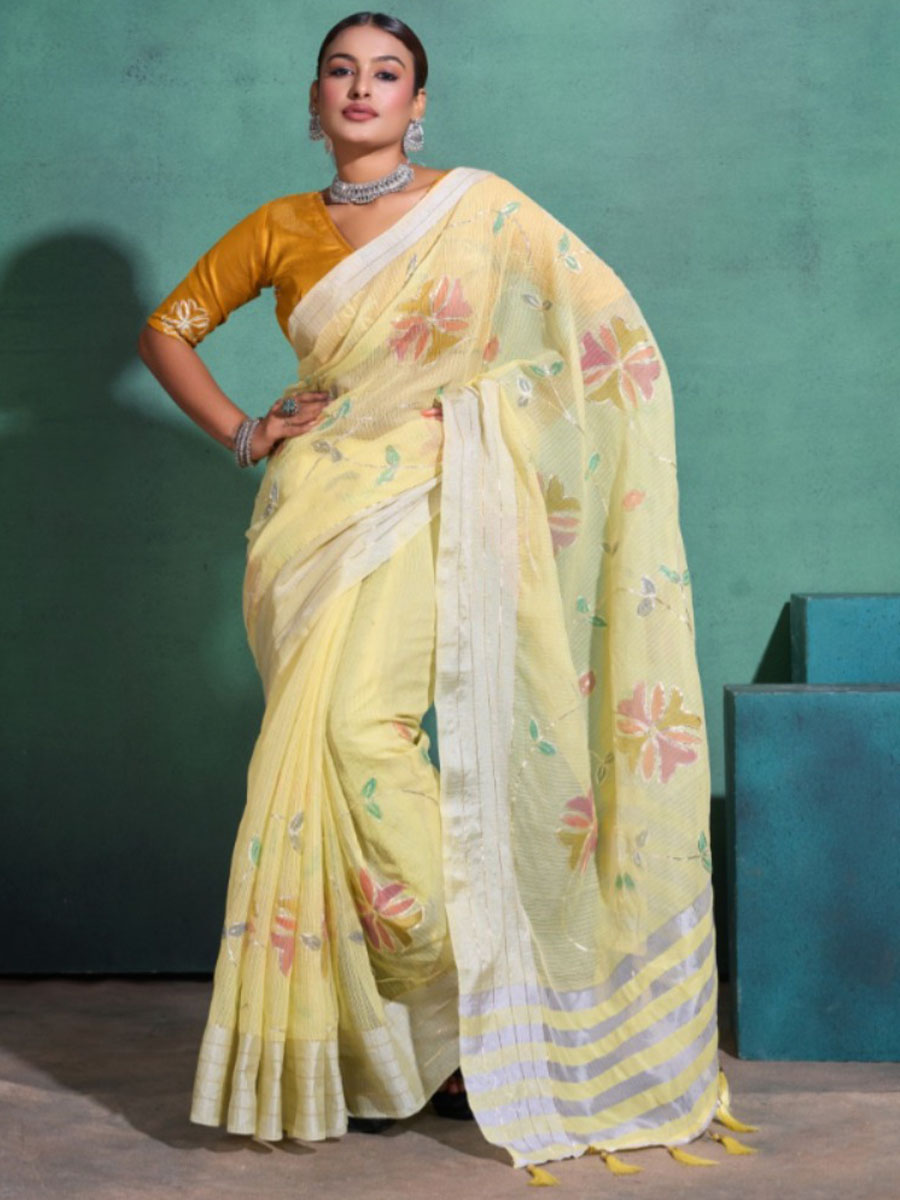 Light Yellow Linen Blend Handwoven Festival Wedding Heavy Border Saree