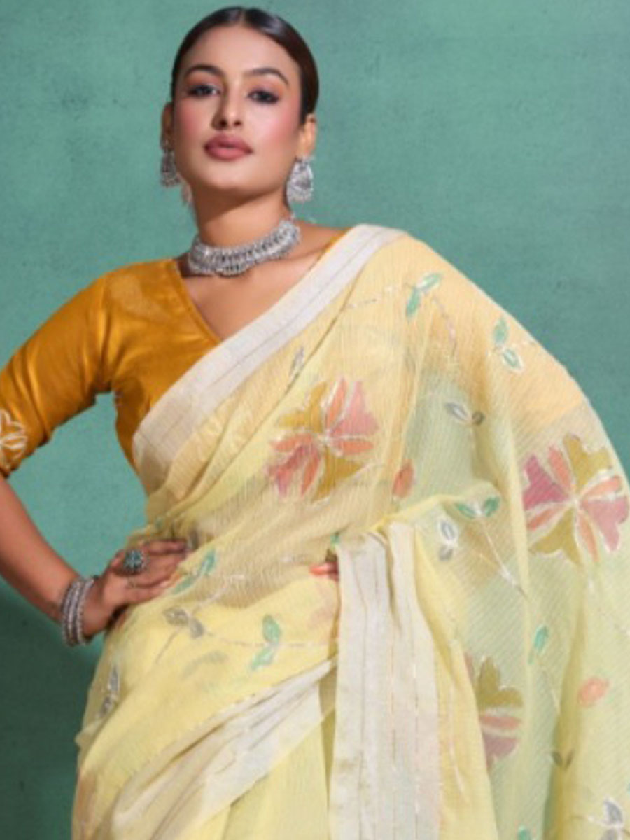 Light Yellow Linen Blend Handwoven Festival Wedding Heavy Border Saree