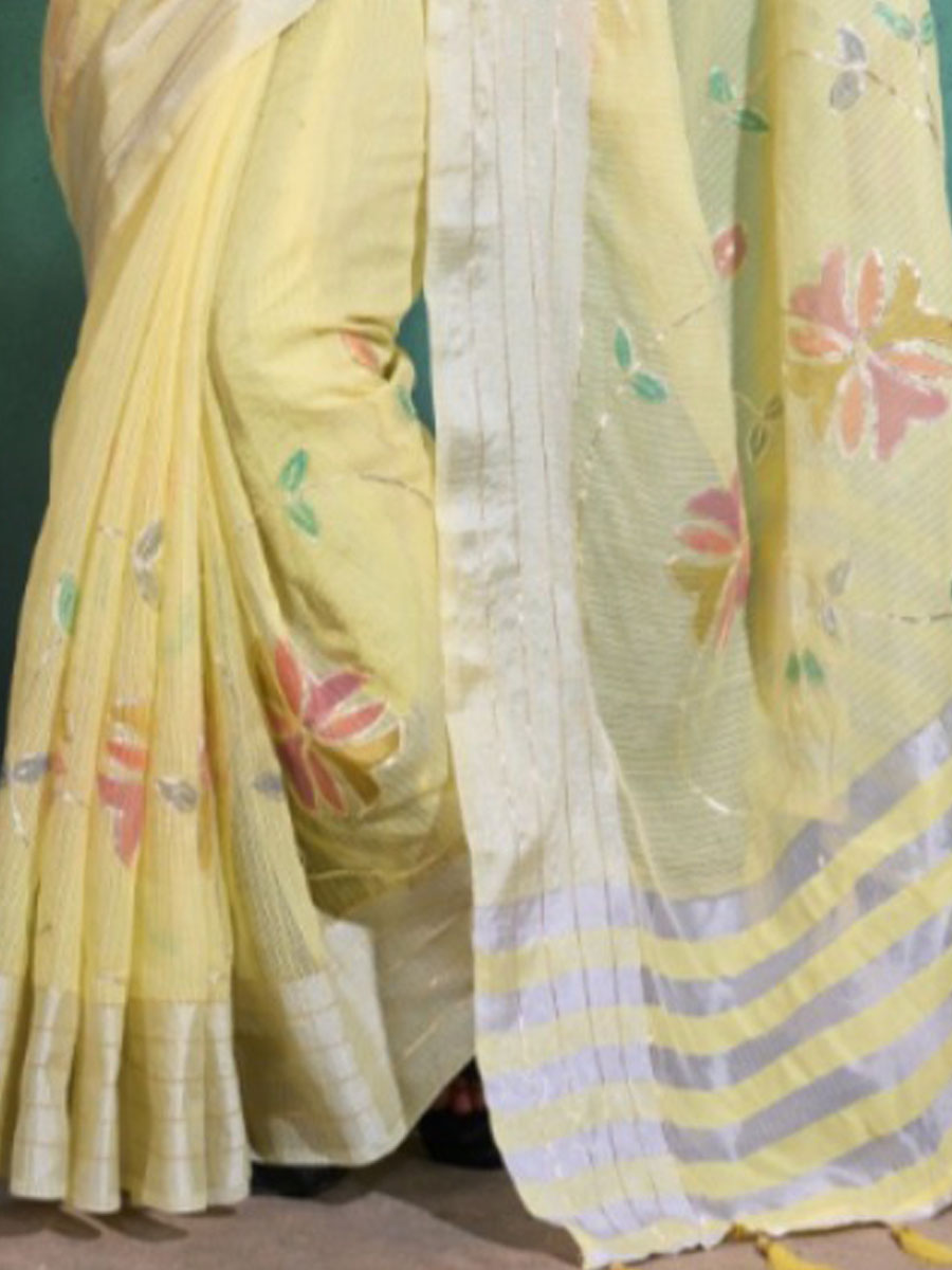 Light Yellow Linen Blend Handwoven Festival Wedding Heavy Border Saree