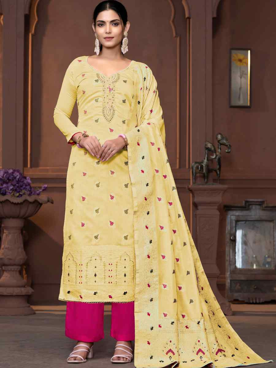 Light Yellow Musline Banarasi Cotton Embroidered Casual Festival Pant Salwar Kameez