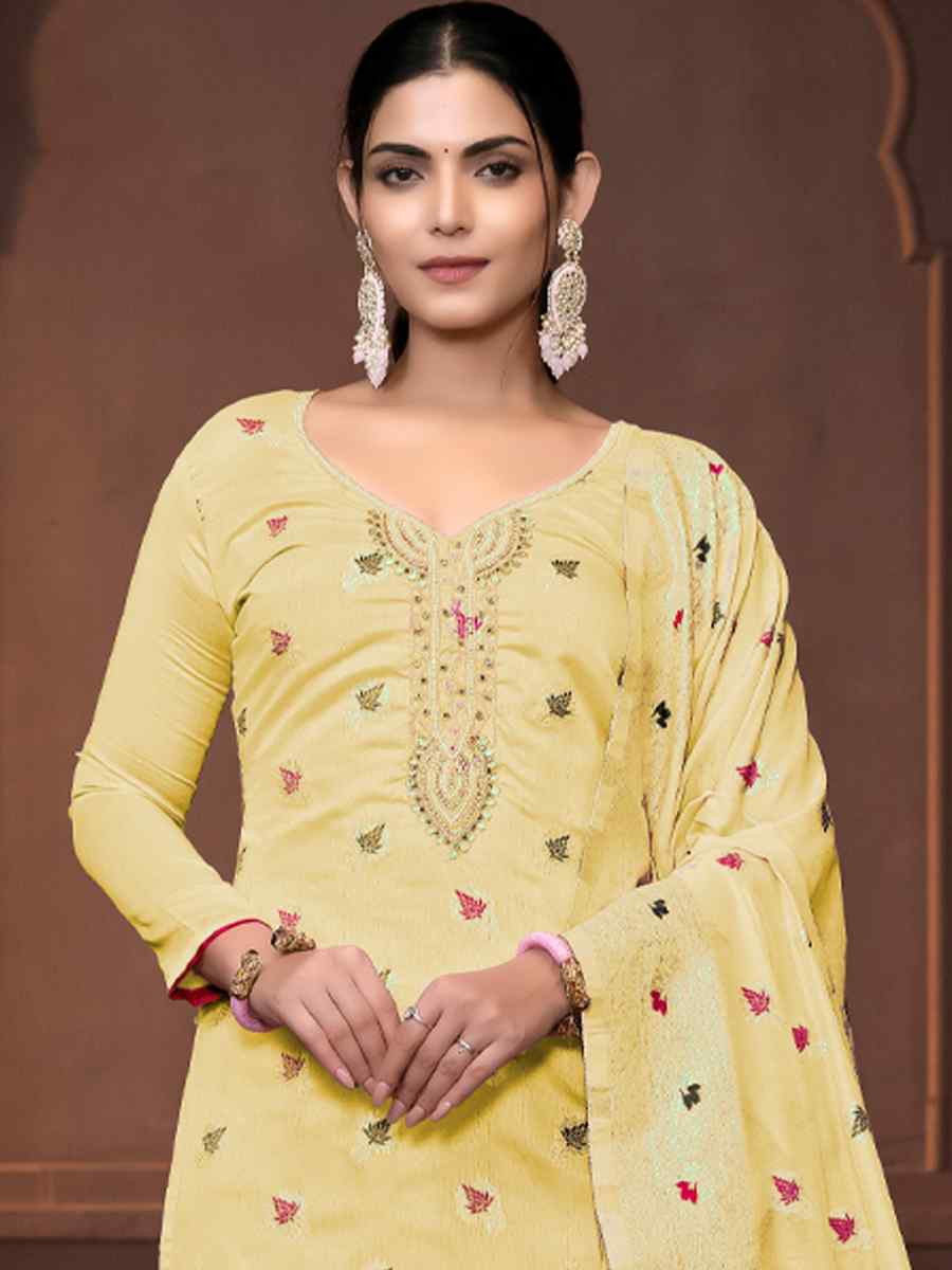 Light Yellow Musline Banarasi Cotton Embroidered Casual Festival Pant Salwar Kameez