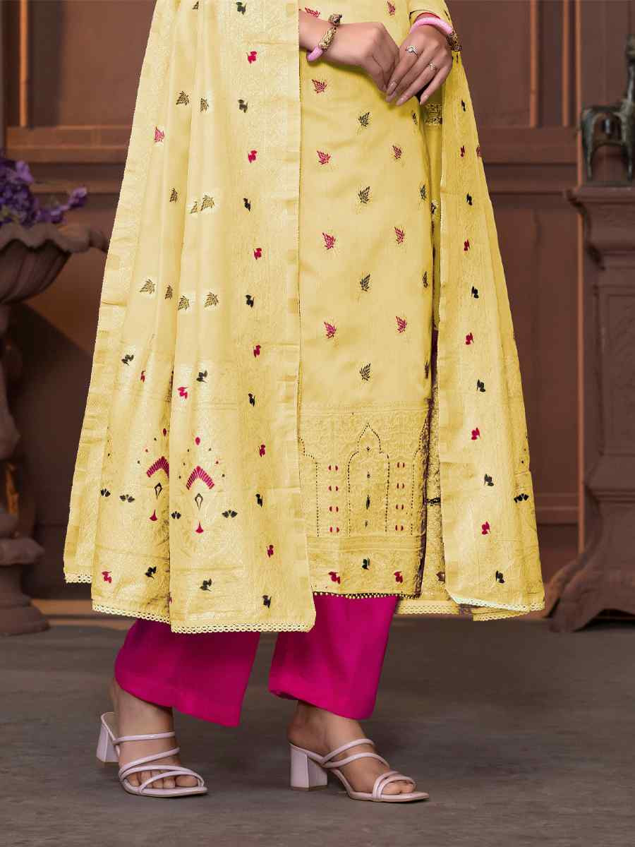 Light Yellow Musline Banarasi Cotton Embroidered Casual Festival Pant Salwar Kameez