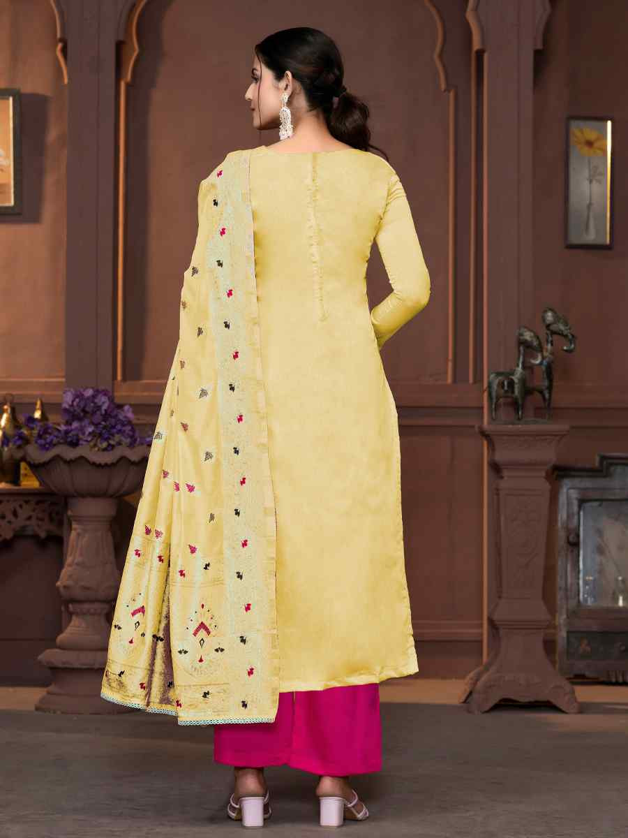 Light Yellow Musline Banarasi Cotton Embroidered Casual Festival Pant Salwar Kameez