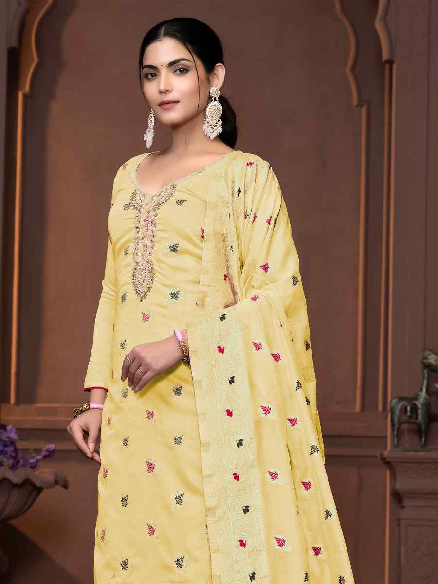 Light Yellow Musline Banarasi Cotton Embroidered Casual Festival Pant Salwar Kameez